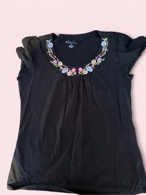 Kim Rogers Black Scoop Neck Tee with Floral Embroidery